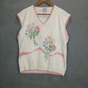 Vintage Skyr Sportswear Sweater Vest Women Large White Floral Eyelet Knit Ribbed